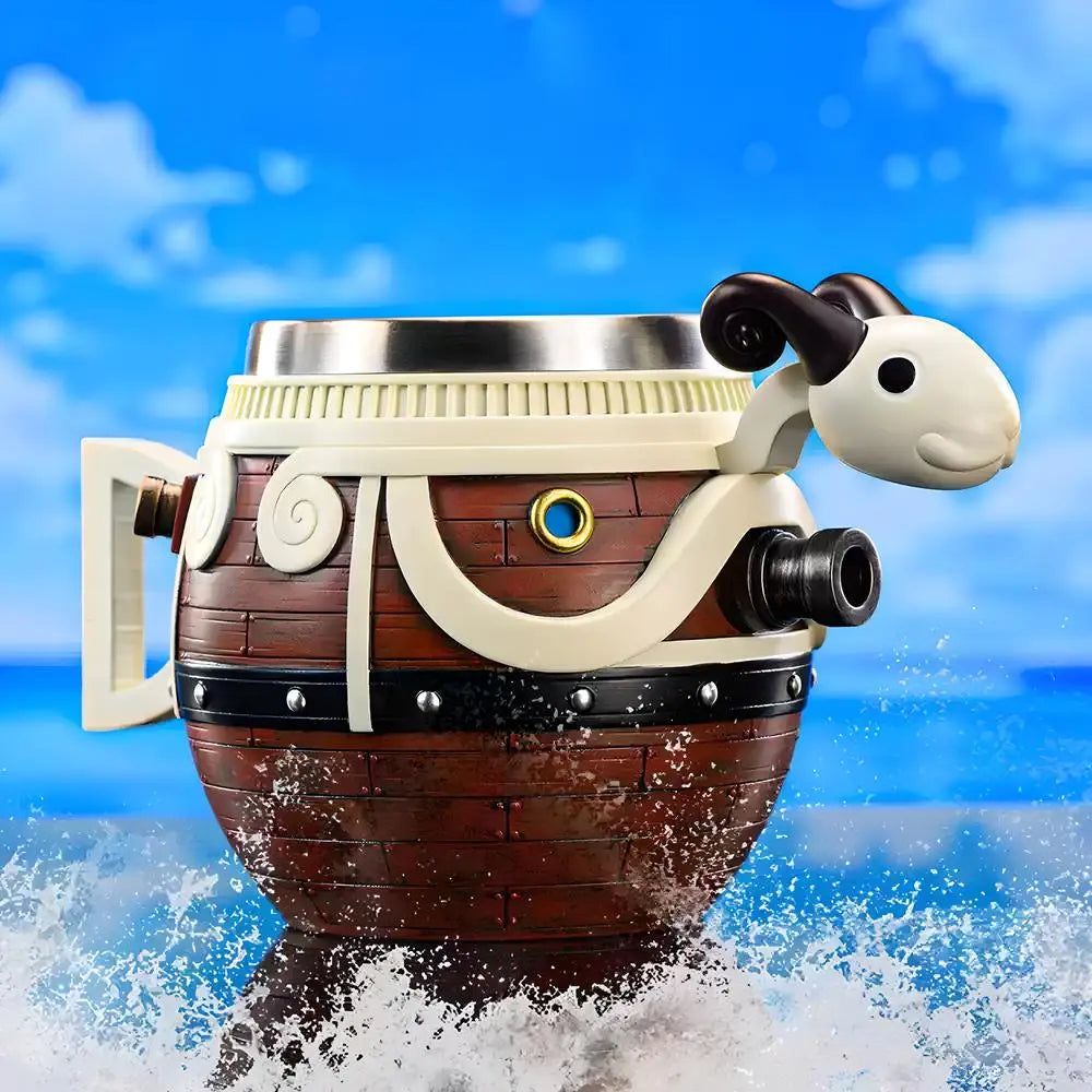 One Piece Going Merry wooden barrel mug featuring sheep figurehead and ocean waves background