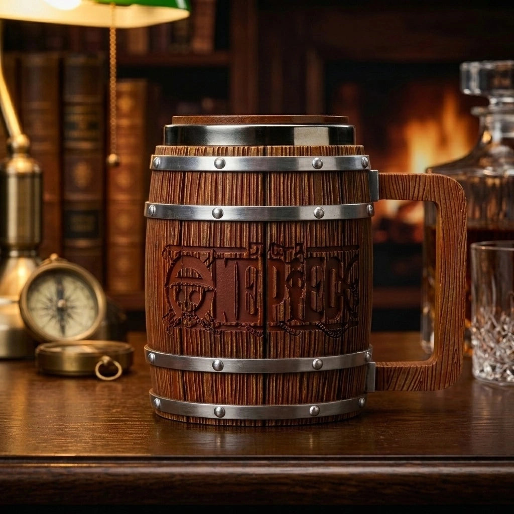 One Piece silver edition wooden barrel mug plus with stainless steel liner and desk setup