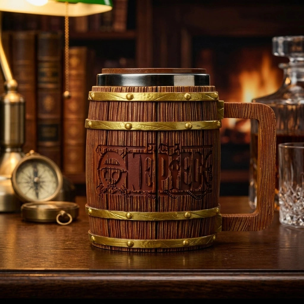 One Piece golden edition wooden barrel mug plus with engraved logo and stainless steel interior