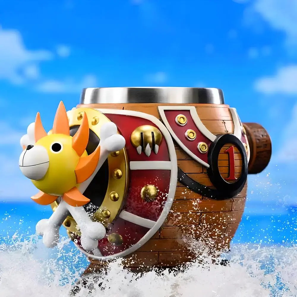 One Piece Thousand Sunny barrel-shaped tankard with number 1 hull compartment and lion head figurehead