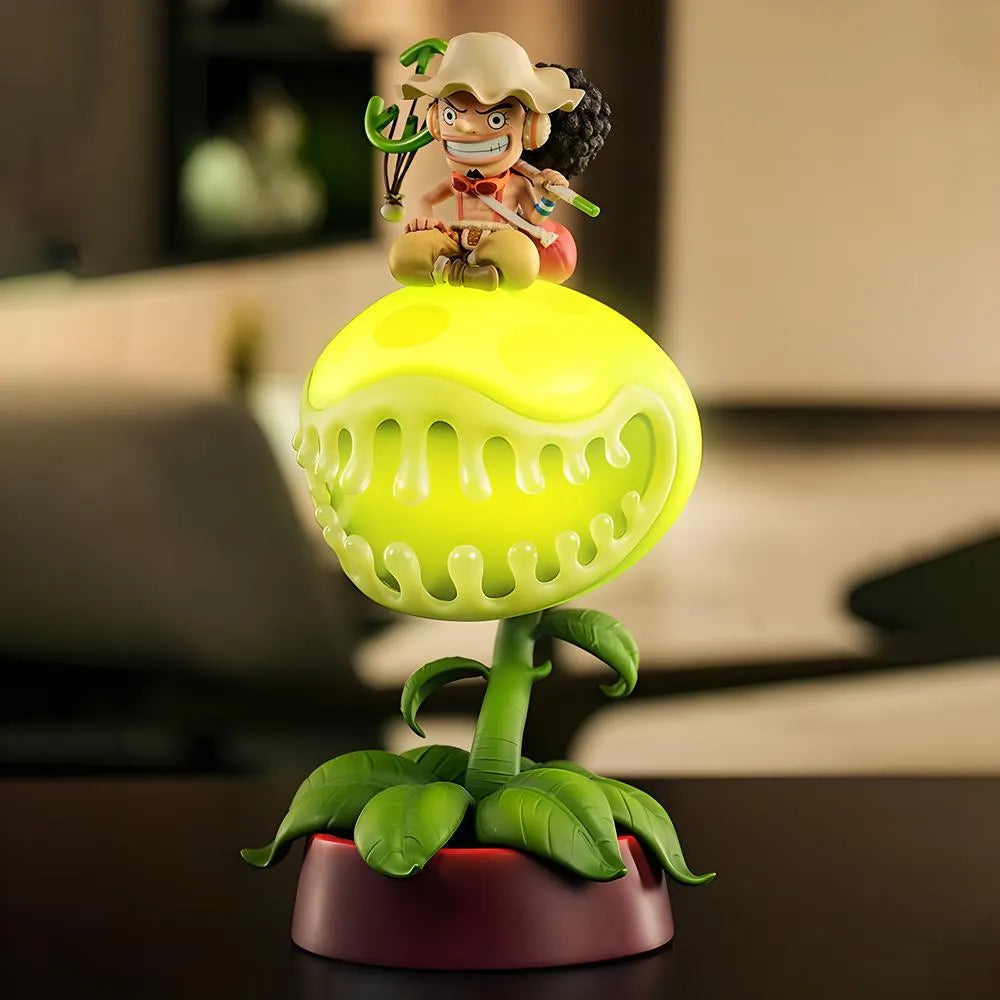 Full view of glowing One Piece Usopp Pop Green LED night light collectible statue