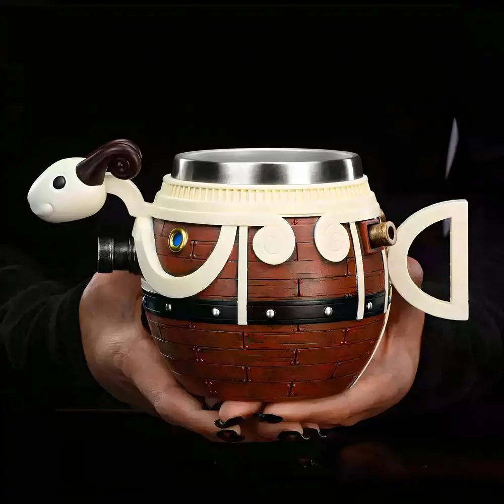 Hands holding the One Piece Going Merry 400ml collectible mug showing product size and texture