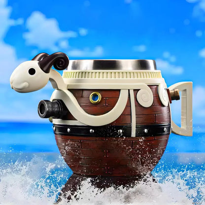 Side view of One Piece Going Merry pirate ship wooden barrel mug with resin carved details