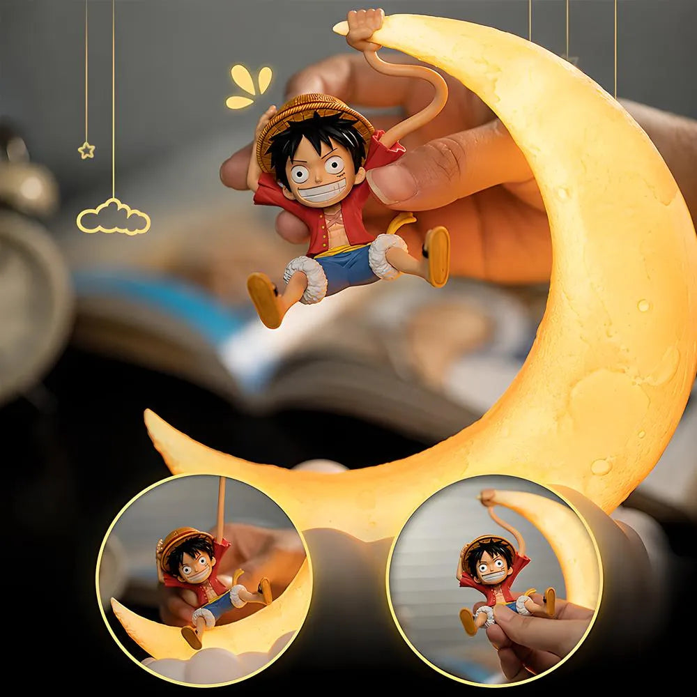 A composite image showing multiple views of a Luffy figure with a crescent moon lamp