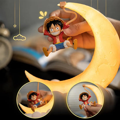 A composite image showing multiple views of a Luffy figure with a crescent moon lamp