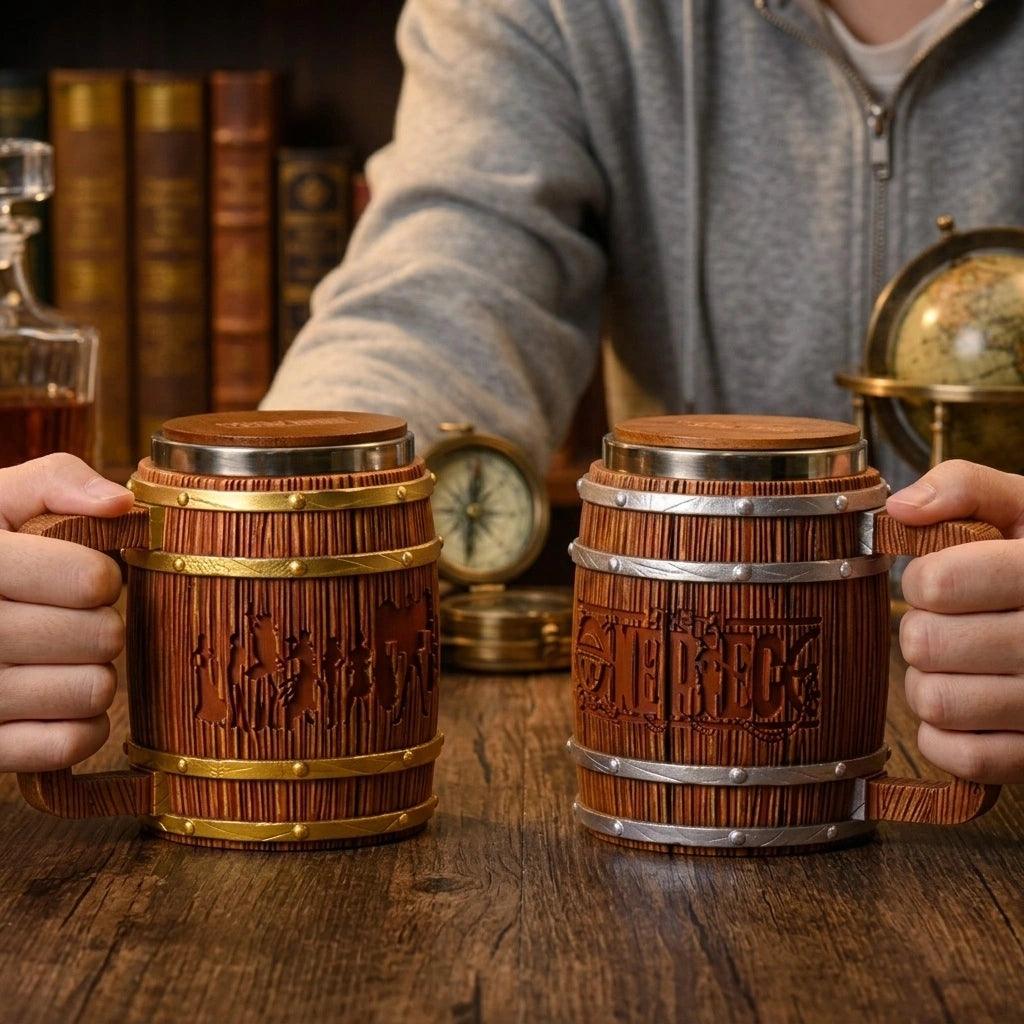 One Piece golden edition wooden barrel mug plus with engraved logo and stainless steel interior