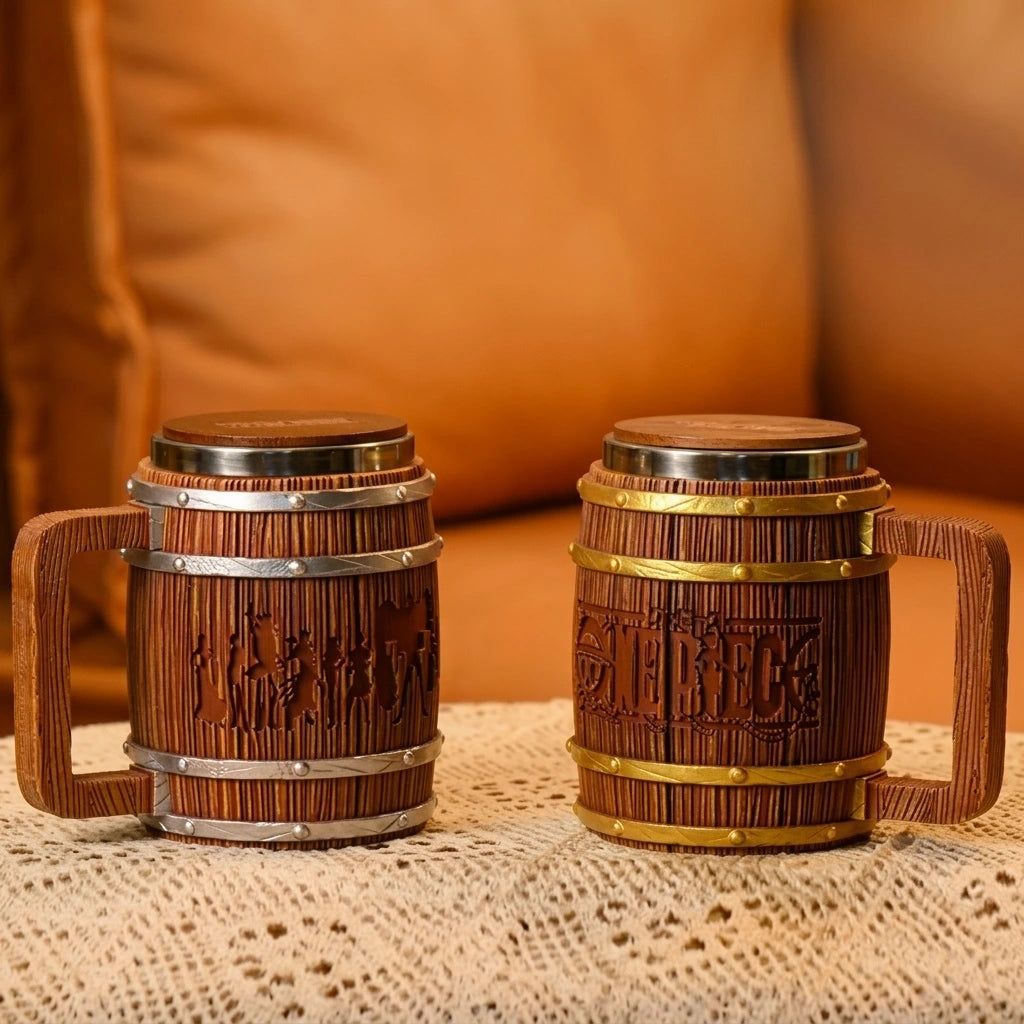 One Piece straw hat crew and logo barrel mug plus set in golden and silver styles