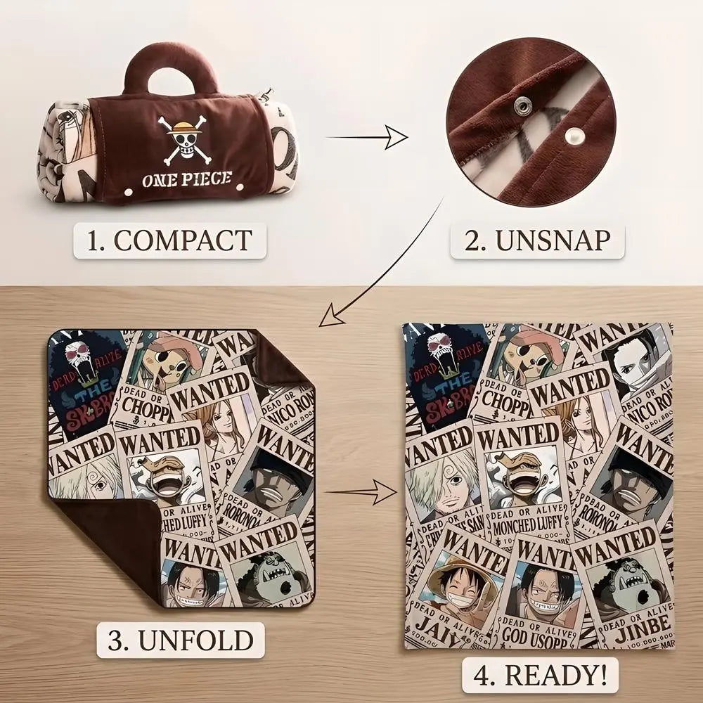 Step-by-step diagram showing how to fold the One Piece wanted poster blanket into a portable handbag