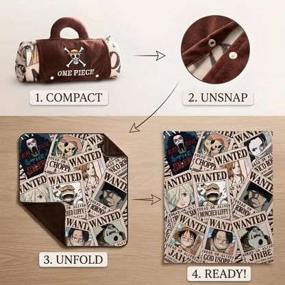 Step-by-step diagram showing how to fold the One Piece wanted poster blanket into a portable handbag