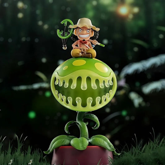 One Piece Usopp sitting on Pop Green plant figure LED night light with forest background
