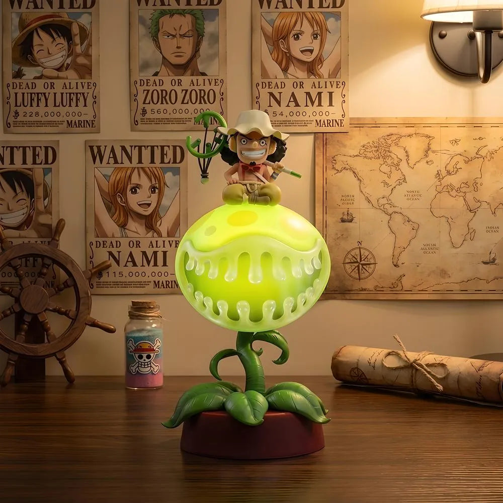 Anime Usopp Pop Green LED night light glowing on desk with One Piece bounty posters background