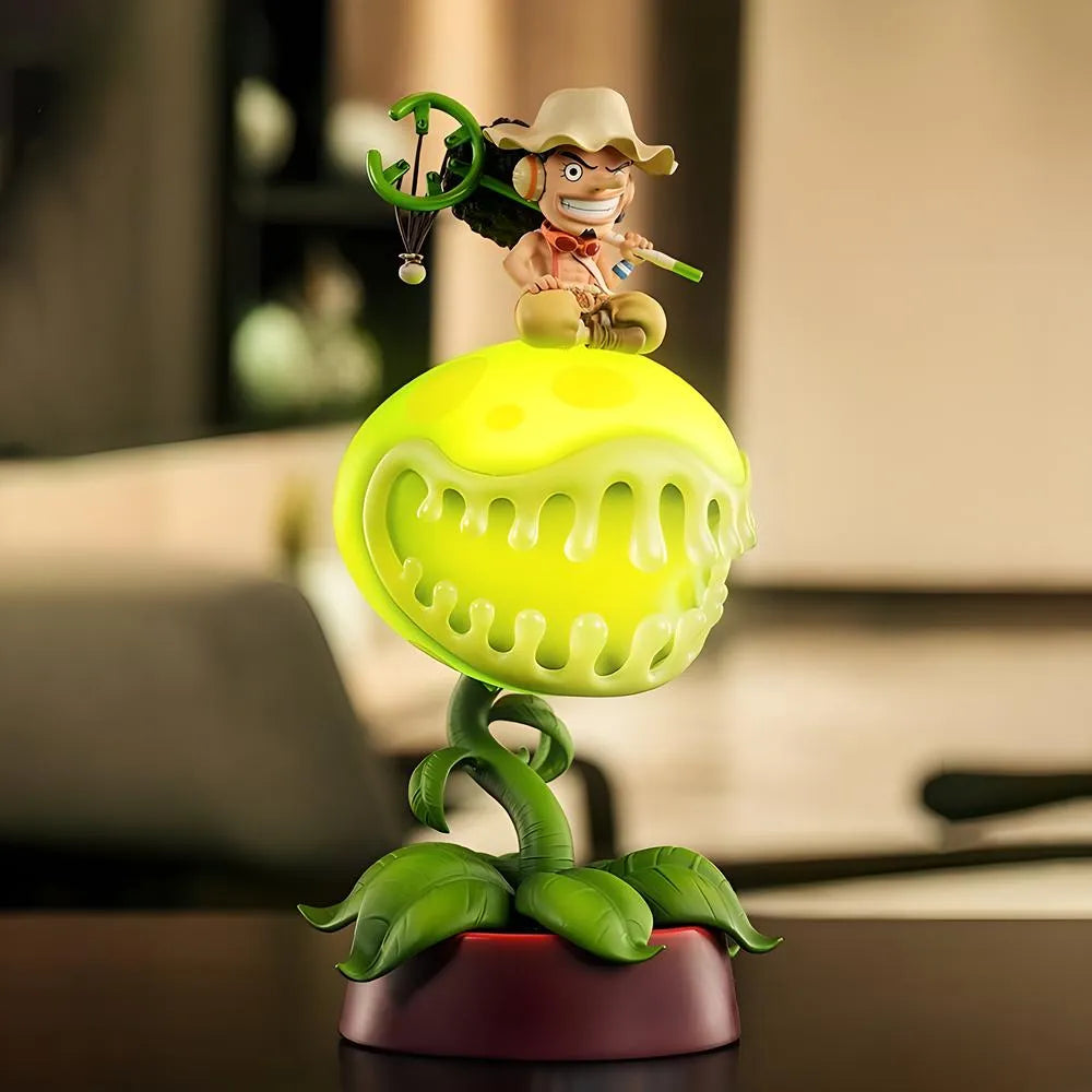 Glowing Usopp Pop Green anime lamp sitting on a wooden desk in warm room lighting