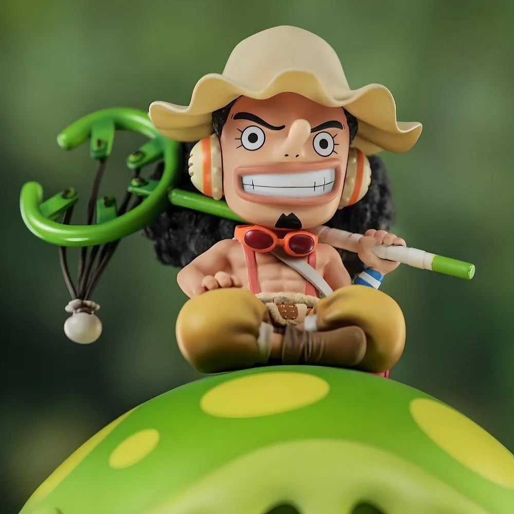 Detailed view of Usopp figure with slingshot perched atop Pop Green plant collectible